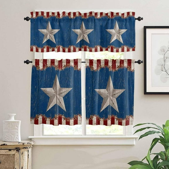 Kitchen Curtains Set, Vintage Country Star Kitchen Curtains and Valances Set, 4th of July Blue Red Wooden Rod Pocket Tier Curtains 24 Inch Length for Cafe/Bedroom Windows