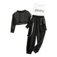 thumbnail image 2 of TiaoBug Kids Girls Hip Hop Dance Outfits Fishnet Sweatshirt Tank Top Cargo Pants 3 Piece Sport Workout Sets Black&White 6, 2 of 7
