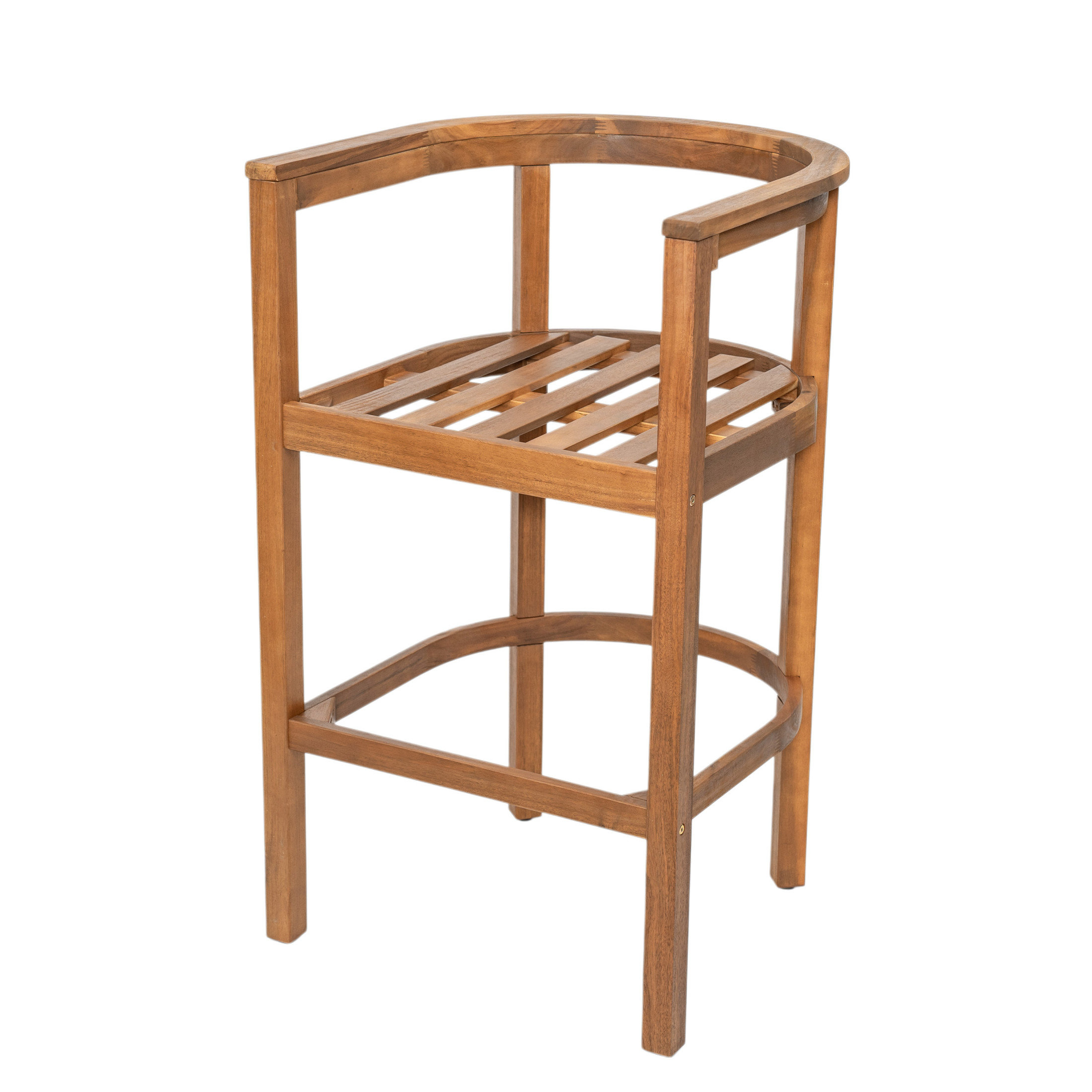 Christopher Knight Home 28" Wood Outdoor Bar Stool with Beige Cushions, Curved Backrest, Teak Finish, Set of 4
