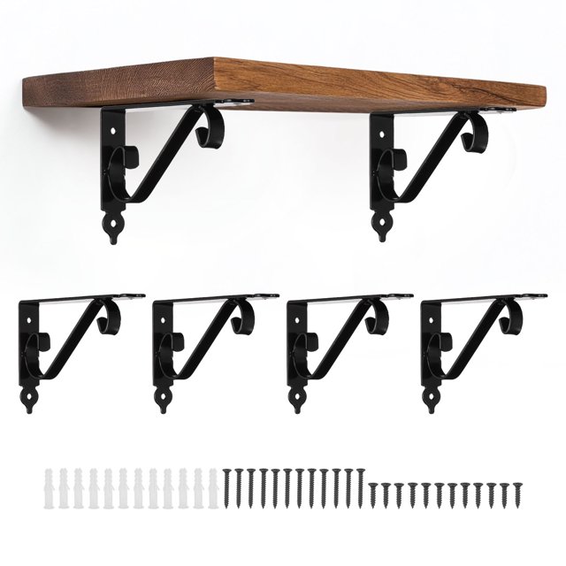 Uxcell 6 Pcs Soportes Decorativos para Estantes, Soportes para Estantes Flotantes de 200mm/8 Pulgadas para Estanterías de Pared, Negro