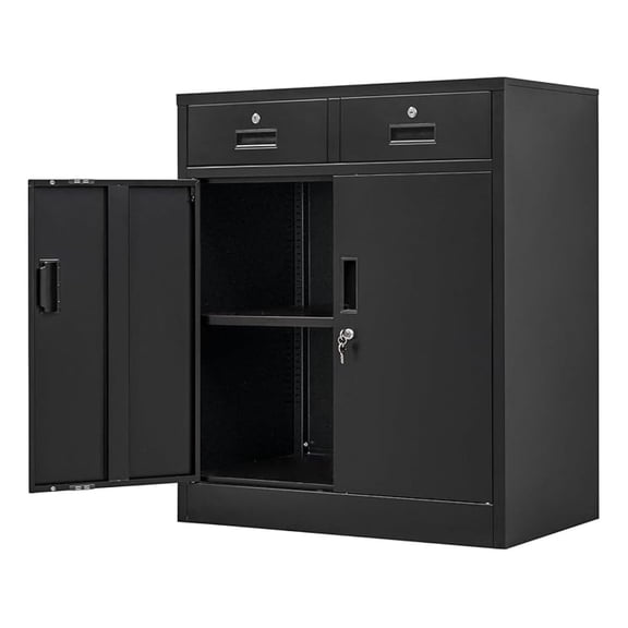 Metal Storage Cabinet, 36" H Locking Storage Cabinet with 2 Drawers and Adjustable Shelf, Metal Cabinets for Office, Garage, Home-Black