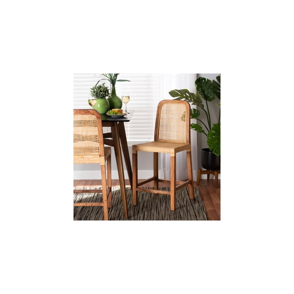 Counter Stool, Mid-Century Modern Natural Wood & Rattan Bar Height