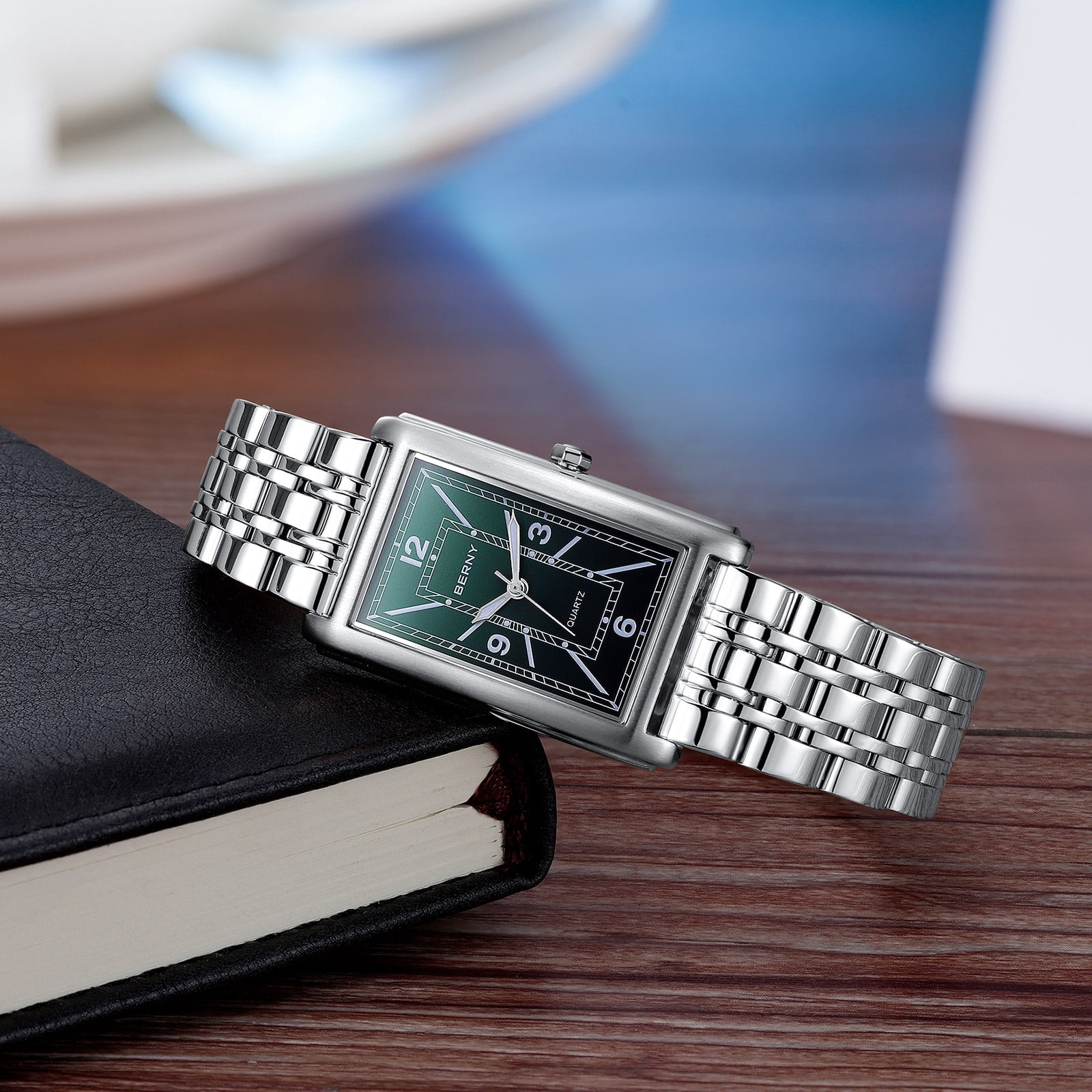 BERNY Rectangular Silver Watch for Men, Fashion Waterproof Analog Quartz Wristwatch, Stainless Steel, Luminous, Arabic Numeral, Business Dress Men's Watches (Green)