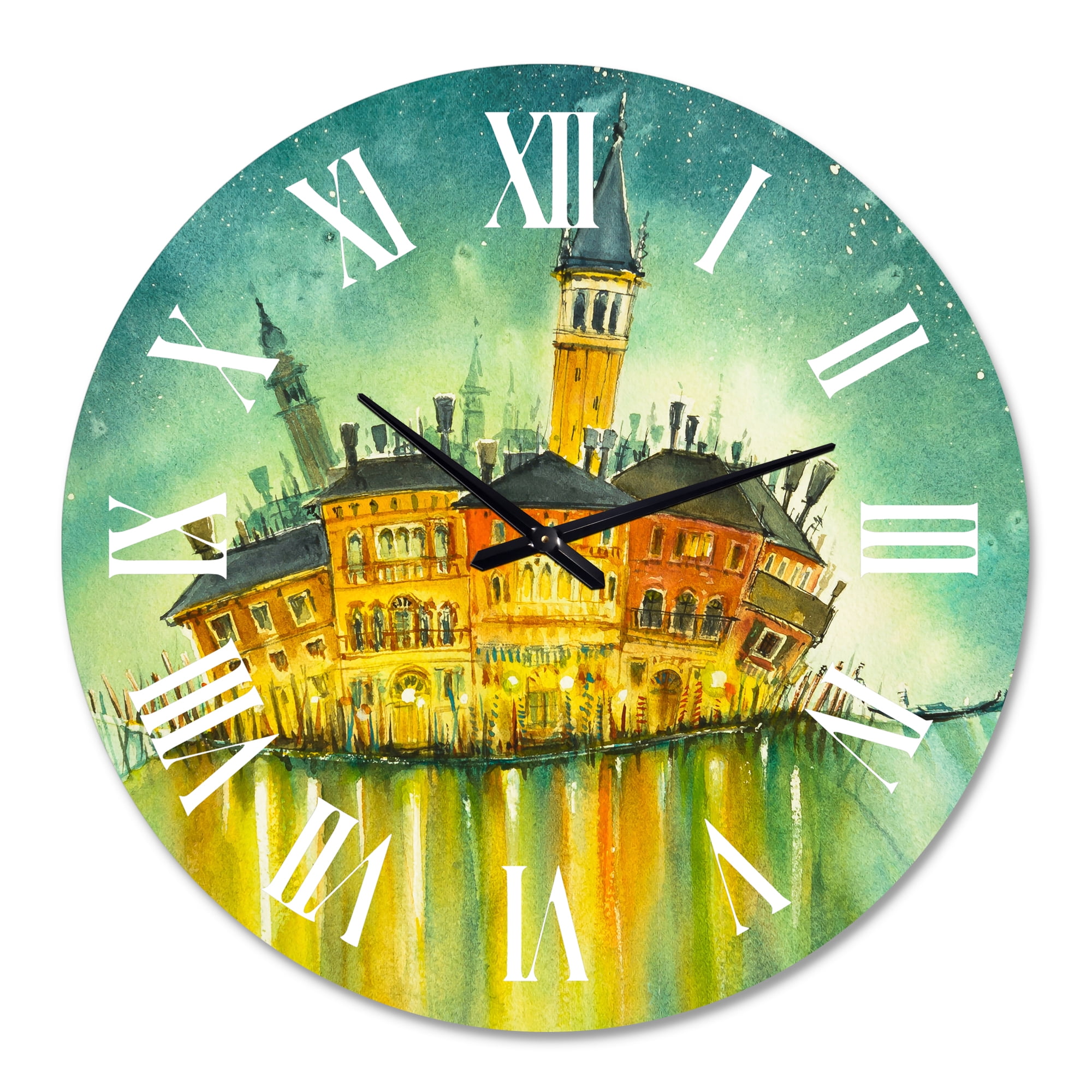 Designart 'Idyllic Island Of Venice At Night' Modern Wall Clock
