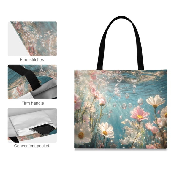 Canvas Tote Bag for Women Girls Design Print Pink Flowers and Daisies Tote