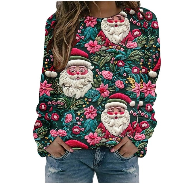 lcziwo Chandails de Noël pour Femmes à Manches Longues, Chandail à Imprimé du Père Noël, Coupe Ample, Col Rond, Chandail à Enfiler à Manches Longues, Chandail Décontracté, Meilleures Aubaines Aujourd'hui, Vert, P