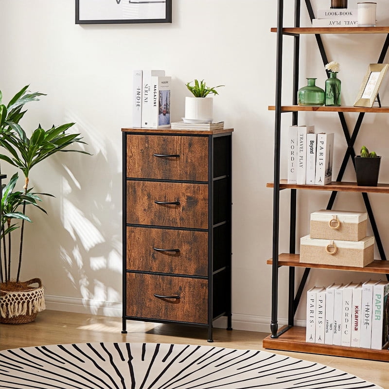 Kelno 4 Drawers Fabric Dresser Tall Chest of Drawers with Steel Frame Wood Top, Rustic Brown