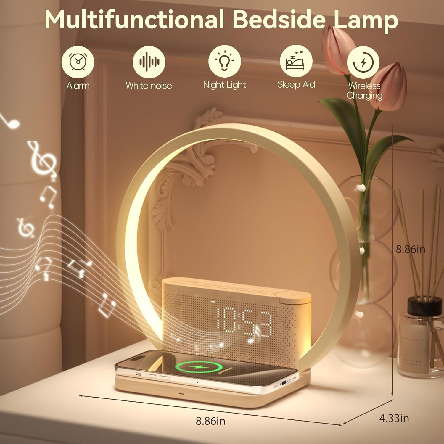 Sunrise Alarm Clock with Wireless Charging, 10W Qi Fast Charging, White Noise Machine, 3-Level Dimmable Light & Dual Alarms for Heavy Sleepers in Bedroom