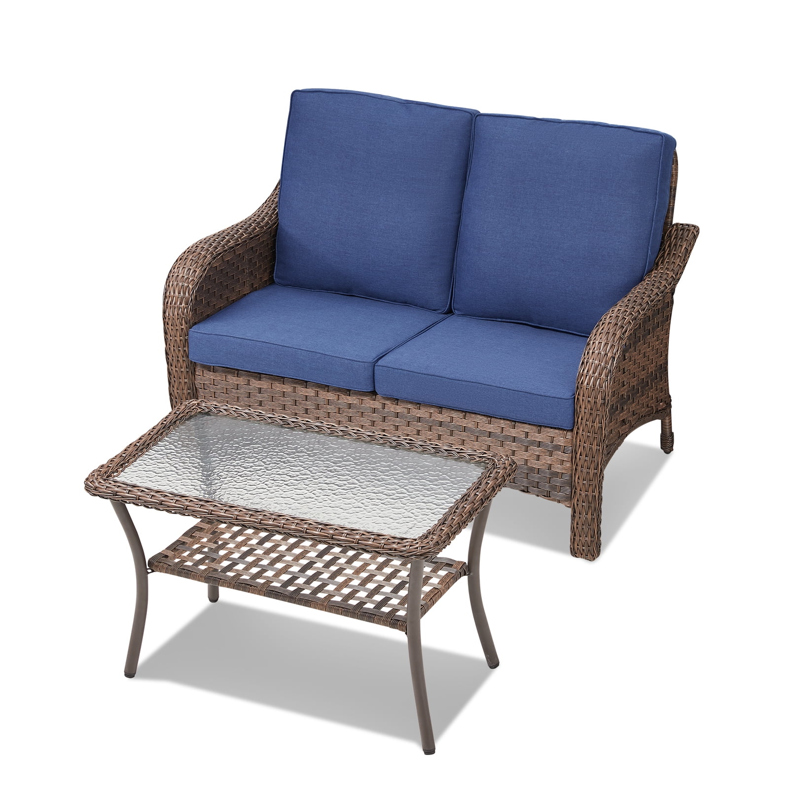 3 Piece Patio Wicker Furniture Sets, Outdoor Loveseat and Ottomans Set with Blue Cushions