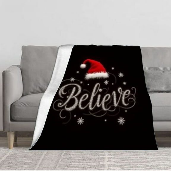 Cozy Flannel Blanket with Festive Santa Hat Design & ' Believe ' Text - Perfect for Sofa Travel Bed or Chair - Soft & Warm