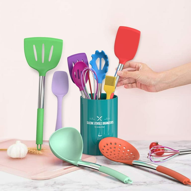 oannao Silicone Cooking Utensils Set - 446°F Heat Resistant Silicone  Kitchen Utensils for Cooking,Kitchen Utensil Spatula Set w Wooden Handles, Holder, BPA FREE Gadgets for Non-Stick Cookware (Grey) 