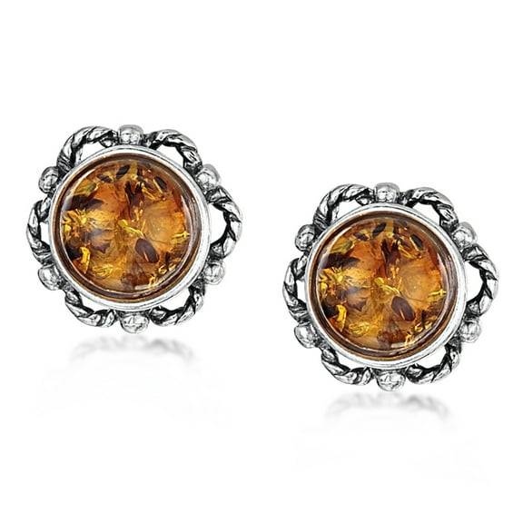 Amberta 925 Sterling Silver with Baltic Amber - Stud Round Earrings - Honey Colour