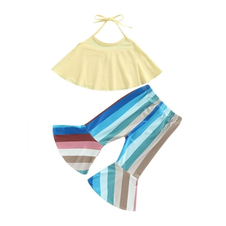 

Qmyliery Baby Kid Girls Pants Set Lacing Halterneck Camisole with Stripes Flare Pants Casual Outfit