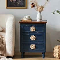 CQSXDA Vintage Farmhouse End Table With Floral Knobs 19 Inch Rustic Nightstand Featuring 3 Drawers Gourd Legs Bedside Accent,Antique Blue,Walnut