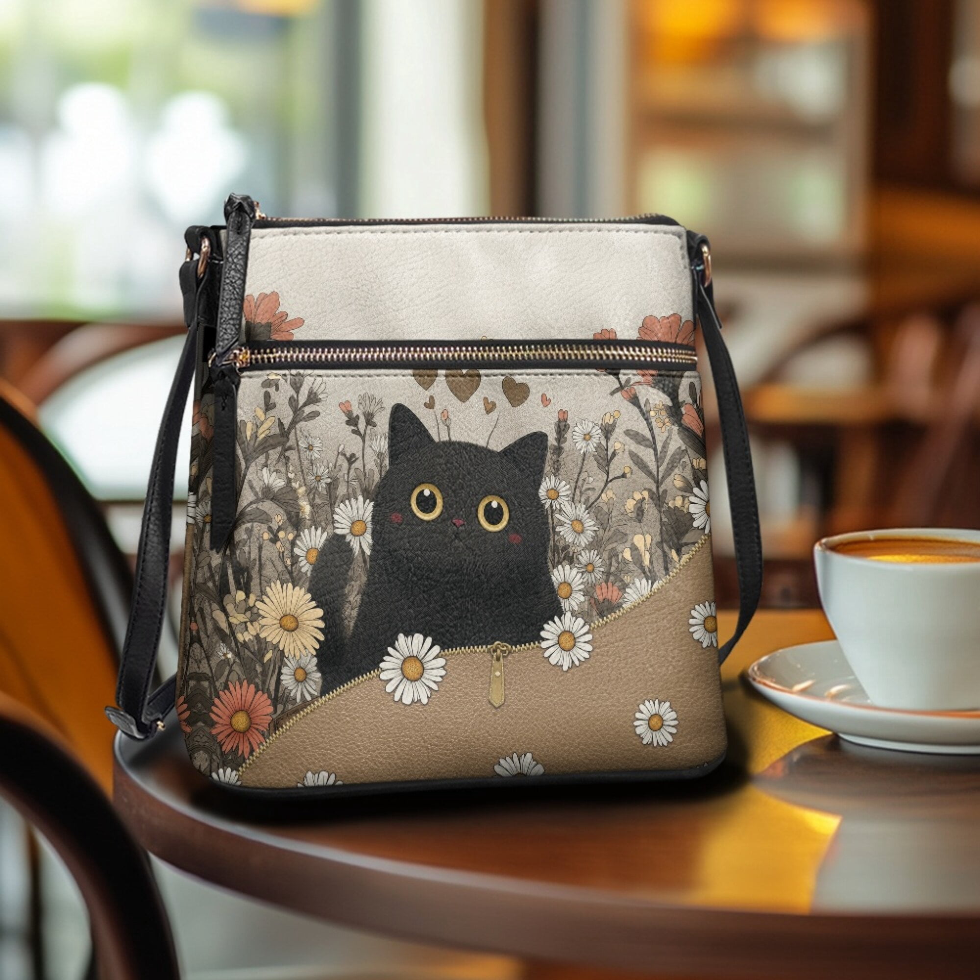 LedBack Black Cat Print Satchel Bags for Women Crossbody Purses for Ladies, Daisy Printed Leather Hobo Bag Shoulder Handbag Purse with Adjustable Strap for Shopping Travel Work, Brown