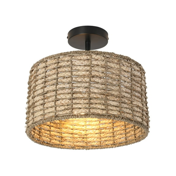 TFCFL 2-Light Vintage Rattan Pendant Light Fixture Hanging Ceiling Lamp Semi Flush Mount Chandelier