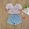 thumbnail image 3 of Bagilaanoe 2pcs Little Girl Short Pants Set Short Sleeve Floral Print Ruffle Shirt Tops + Denim Shorts 1T 2T 3T 4T 5T 6T 7T Kids Casual Summer Outfits, 3 of 7