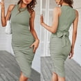 thumbnail image 2 of Women Sleeveless Ribbed Knit Solid Tie Waist Ruched Knee Length Slim for Tank Dr, 2 of 18