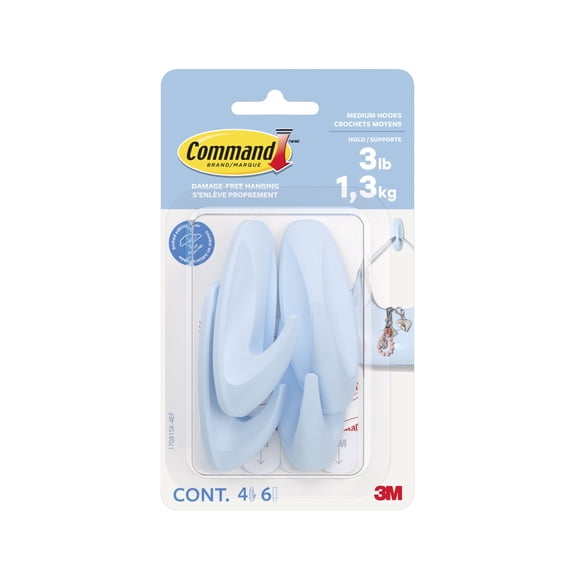 Command Medium Designer Hooks, Sky, Holds 3 lbs, 4 Hooks, 6 Adhesive Strips