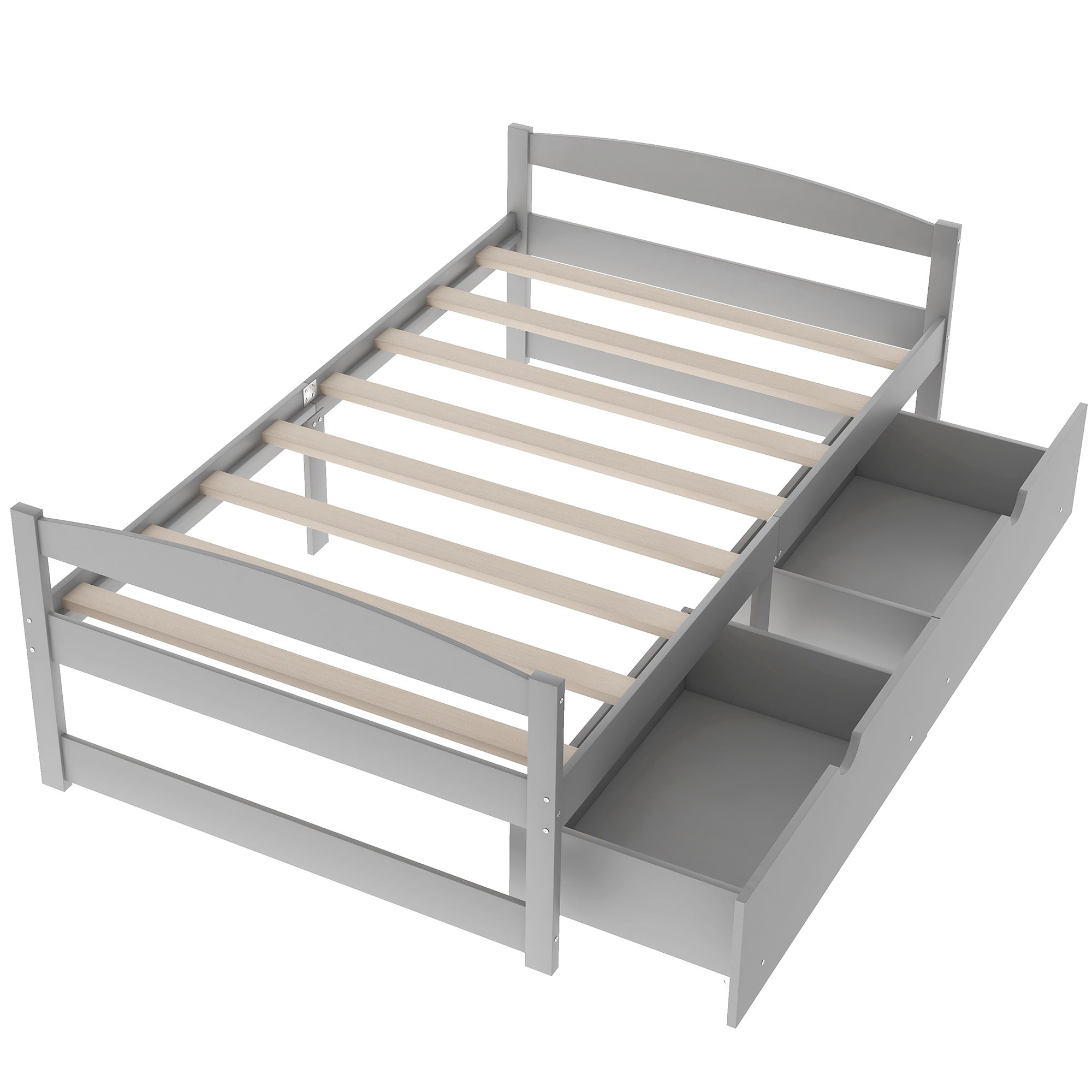 PORKISS Twin Bed Frame with 2 Storage Drawers, Gray Twin Size Platform Bed with Wood Slat Support, No Box Spring Needed, Wood Bed Frame for Kids, Teens, Guest Room