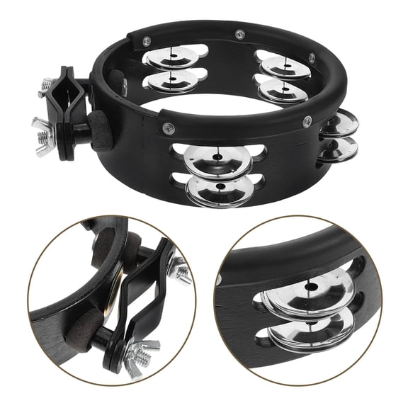 OFFIGAM Black Wood and Metal Tambourine with Drum Cymbals for Jazz Musicians, 7.6 x 5.9 x 1.9 Inches, 1 Piece