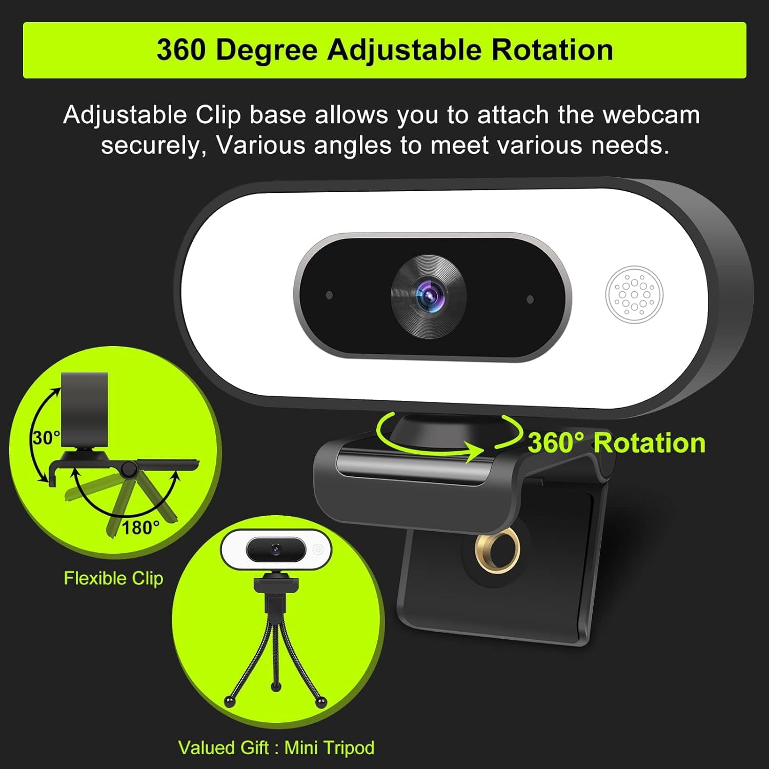 ZIQIAN 1080p HD Webcam with Auto Focus & Ring Light, Privacy Cover, Tripod Included, Plug and Play
