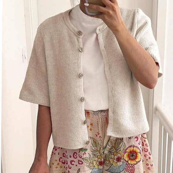 Sevevn Women Casual Round Neck Short Sleeve Knit Cardigan Sweater Loose Fit Open Front Button Down Crop Sweater Jacket