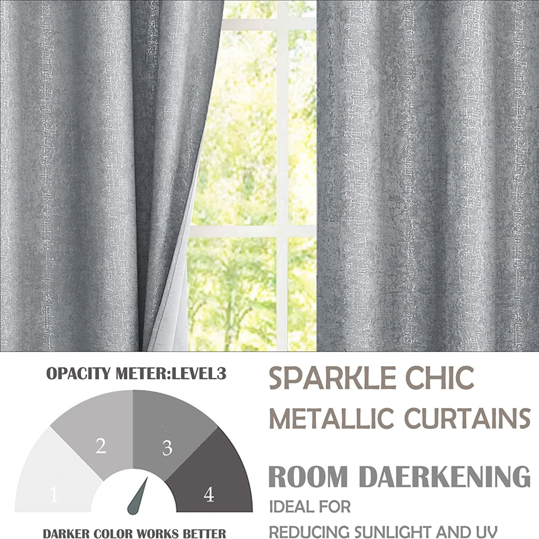 Pinewave Gray Sparkle Blackout Curtains Luxury Silver Metallic Chic Glitter Drapes for Bedroom,Grommet Top,52"Wx63"L,2 Pcs