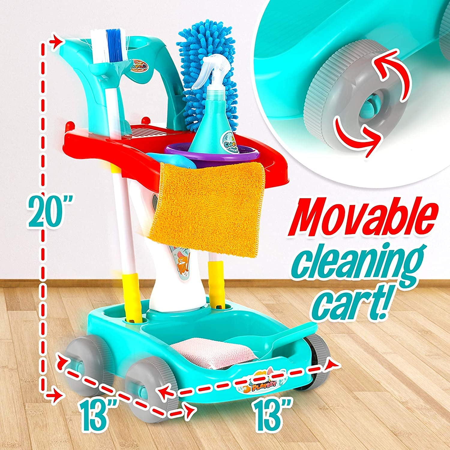 deAO Kids Cleaning Set 12 Pcs Pretend Play Detachable Housekeeping Cart with Broom,Dust Pan,Spray Bottle Children House Cleaning Tools Toys,Kids