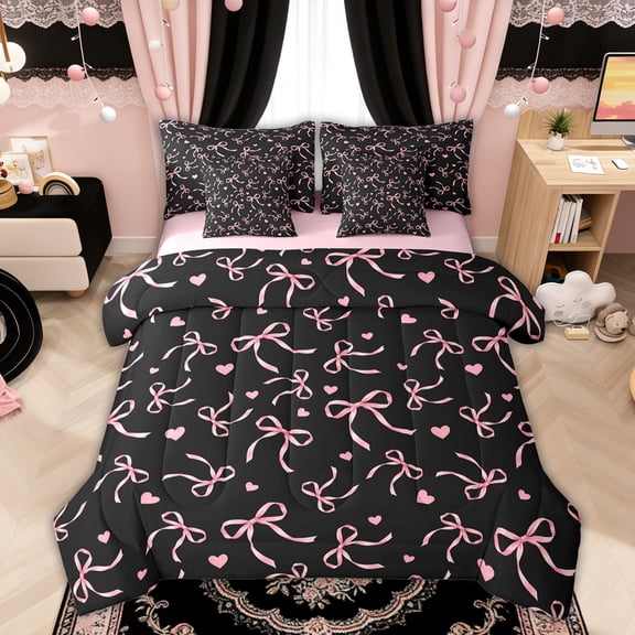 Manfei Pink Bows Love Hearts Black Print Twin Bedding Sets for Girls, Cute Ribbon Bows Bedding Comforter Set, Pink Reversible, 7pcs
