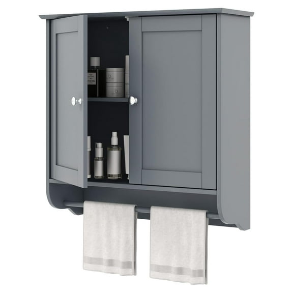 Bathroom Wall Cabinet, Over The Toilet Storage Cabinet w/ 2 Doors, Adjustable Shelf and Towel Bar, Space-Saving Wall Mounted Medicine Cabinet for Bathroom Kitchen Laundry Room (Grey) Gray