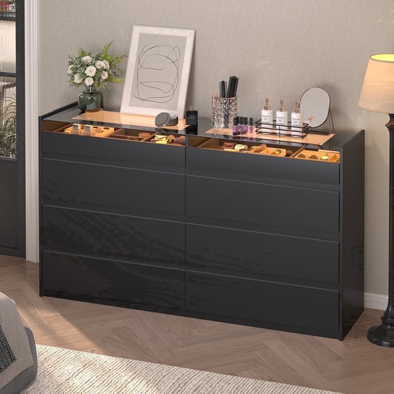 47.2" Black 8-Drawer Dresser with LED Lightm, Modern Storage Chest for Bedroom