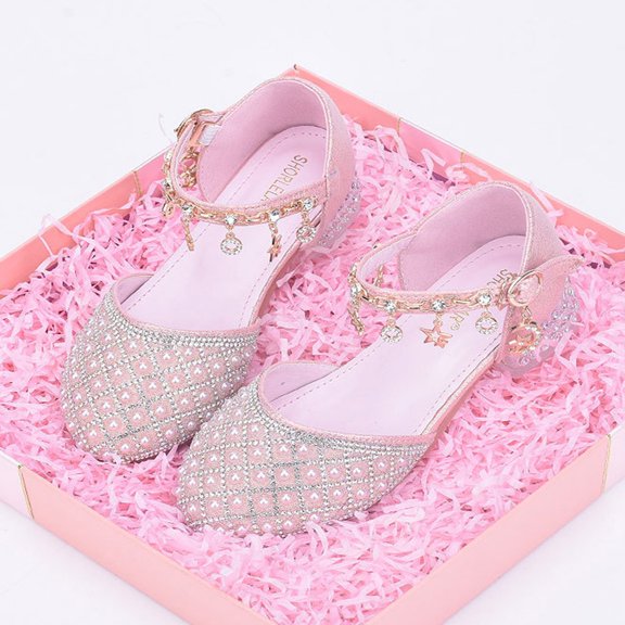 YMNXA Children Baby Girls Sandals Soft Sole High Heel Non Closed Toe Rhinestone Comfortable Fashion Shoes For Wedding Birthday Party,Pink,4-4.5 Years