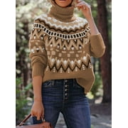 Hotian Women Turtleneck Pullover Sweater Raglan Sleeve Fairlsle Geometric Holiday Jumper Knitwear Winter Sweaters Khaki XS