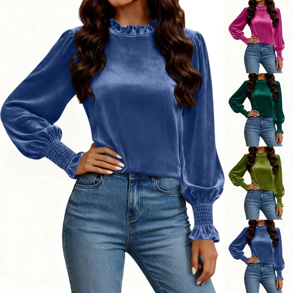 QETYUW Velvet Tops for Women Ruffle Mock Neck Top Puff Long Sleeve Solid Color Shirts Plus Size Casual Tshirt Office Work Shirt