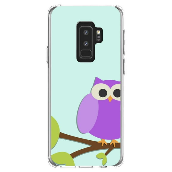 DistinctInk Clear Shockproof Hybrid Case for Samsung Galaxy S9  PLUS (6.2" Screen) - TPU Bumper, Acrylic Back, Tempered Glass Screen Protector - Purple Owl Cartoon - Cartoon Owls