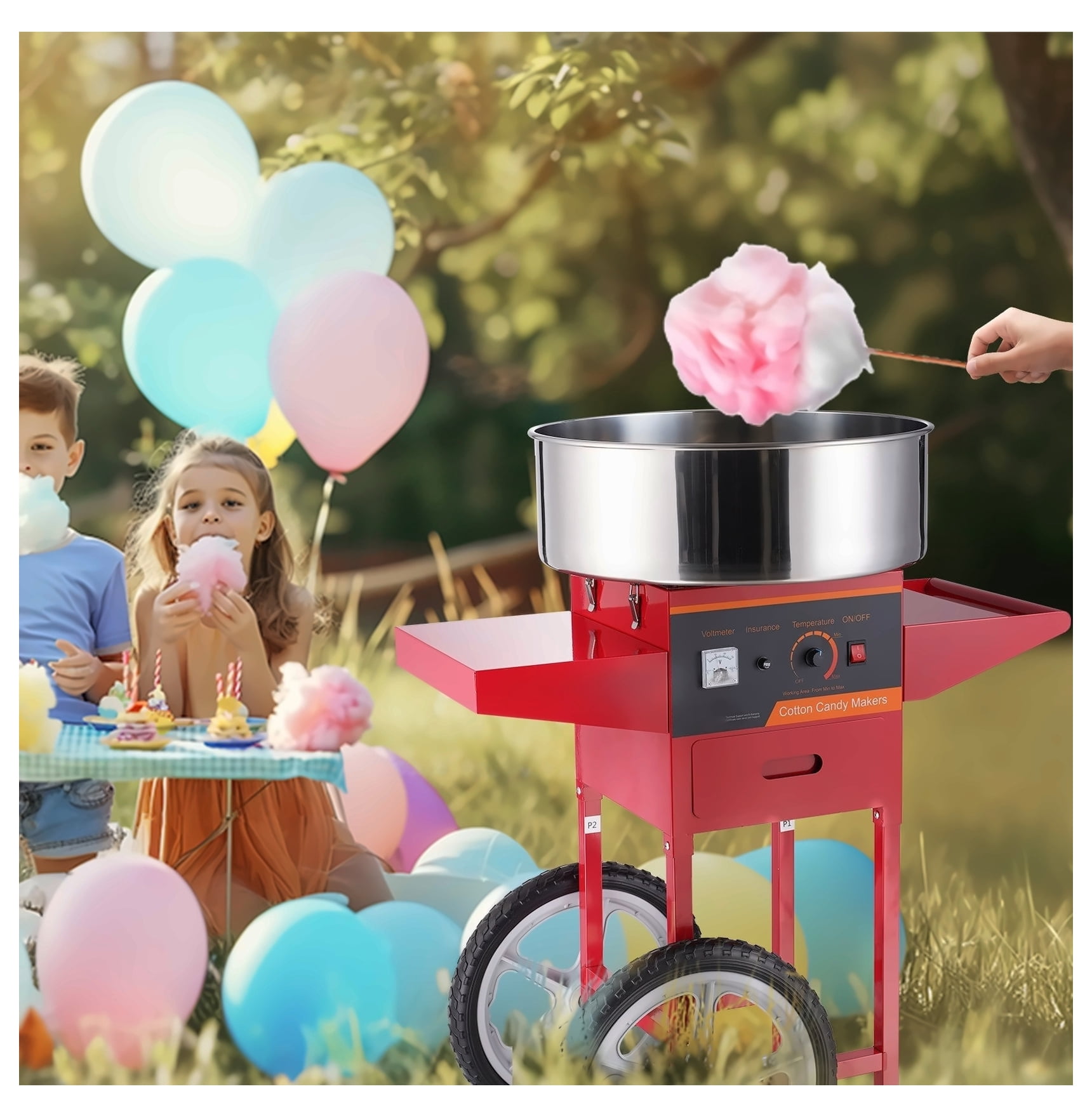 Cotton Candy Machine Commercial, 1000W Electric Candy Floss Maker Cart with Stainless Steel Bowl, Sugar Scoop, Red - for Parties & Events