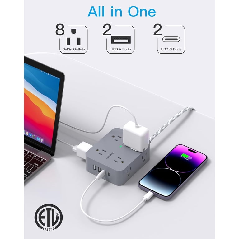 15-Foot Surge Protector Power Strip With 6 Outlets & 4 USB Ports - Flat Plug Wall Mount Design