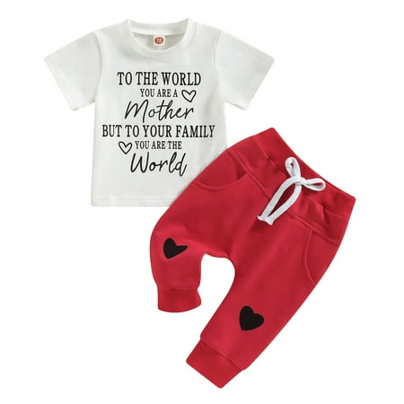 

Baby Boys Pants Set Short Sleeve Crew Neck Letters Print T-shirt with Heart Pants Summer Outfit（3-24Months，2-3Years）