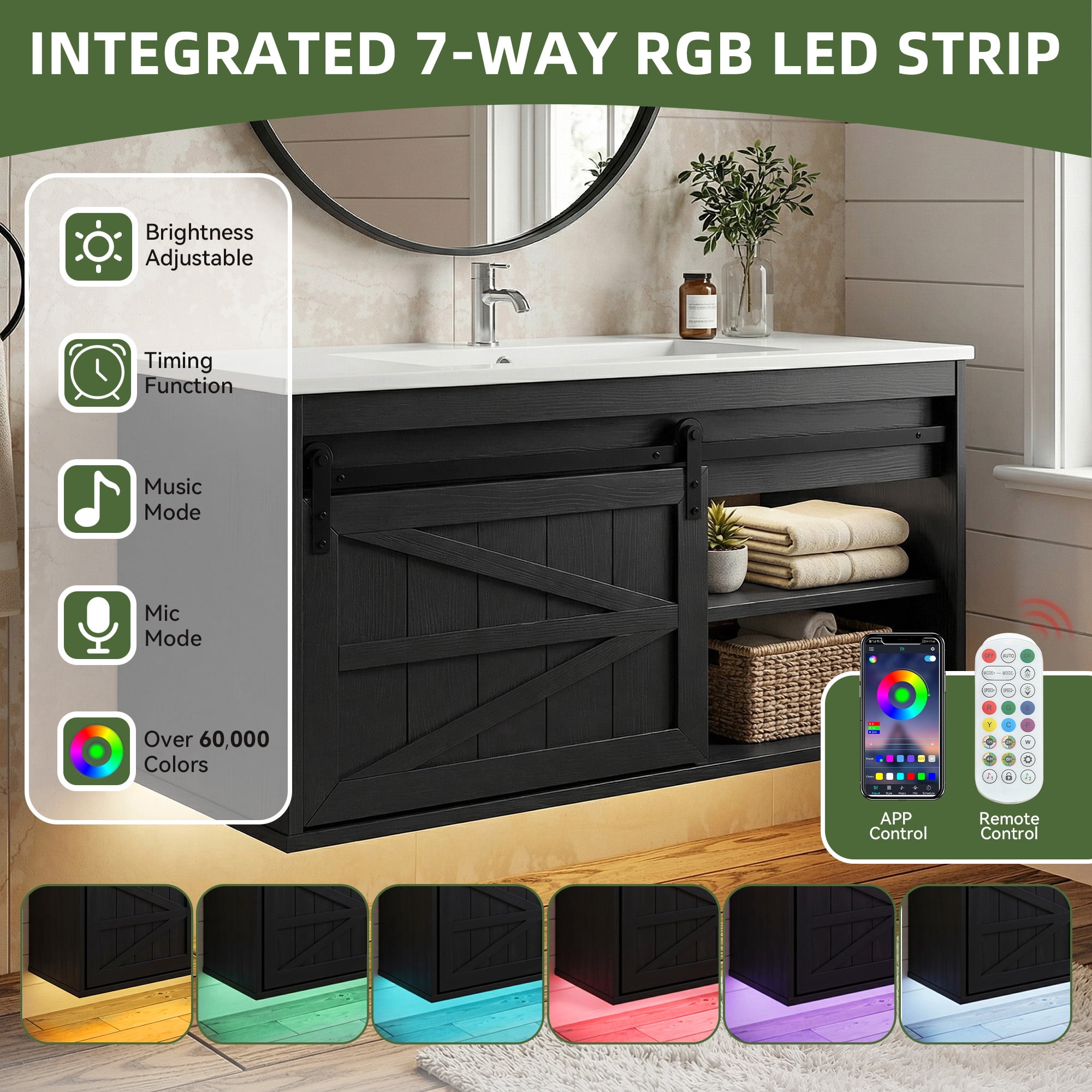 Uforic 36 Inch Farmhouse Floating Bathroom Vanity with Ceramic Sink, 7-Color LED Ambient Light for Bathroom Decor, Black