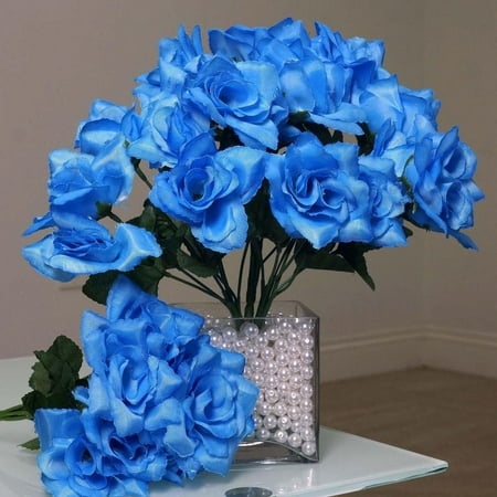 New Rise - 84 Artificial Silk Open Roses Wedding Flower Bouquet Center - New Blue