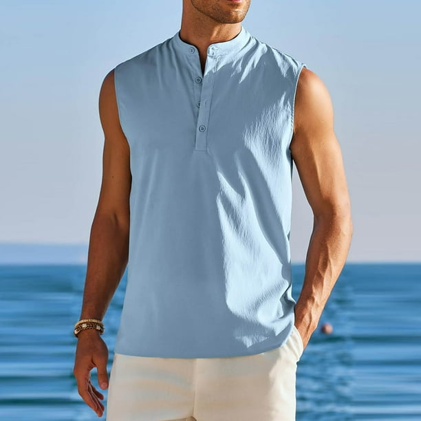 pstuiky Camisetas sin mangas para hombre, Camisa de verano sin mangas con botones y cuello alto para hombre Tops elegantes para mujer m