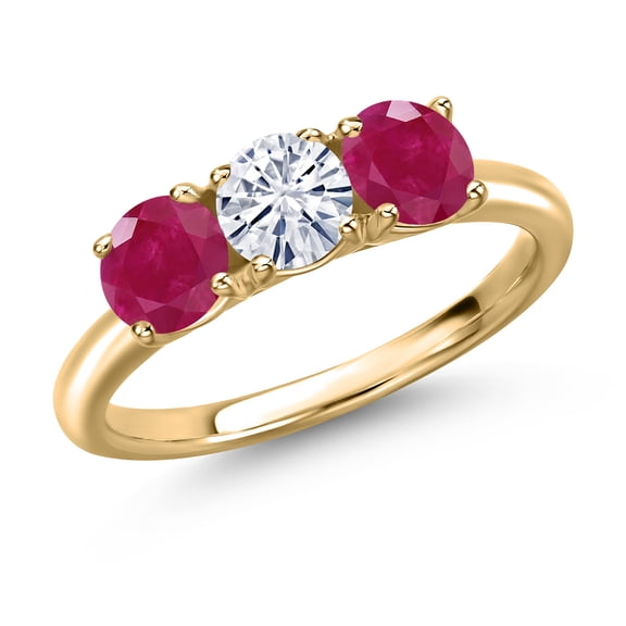 Gem Stone King 10K Yellow Gold White Moissanite and Red Ruby Engagement Ring for Women | 1.60 Cttw | Round 5MM | Gemstone Birthstone | Size 8