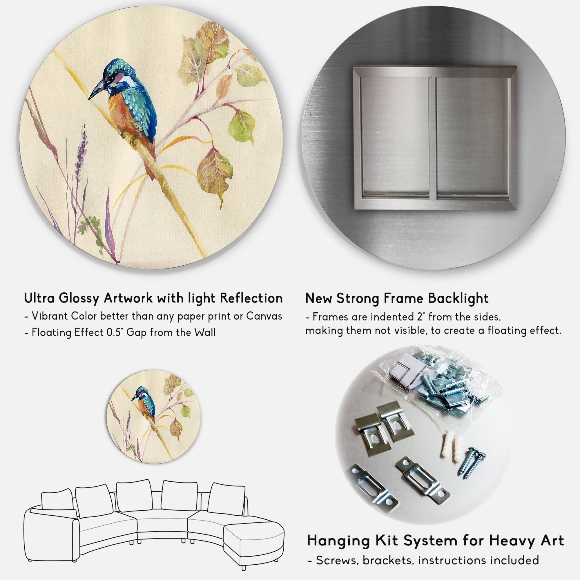 Designart 'Common Kingfisher Bird On Branch' Traditional Circle Metal Wall Art 23x23 - Disc of 23