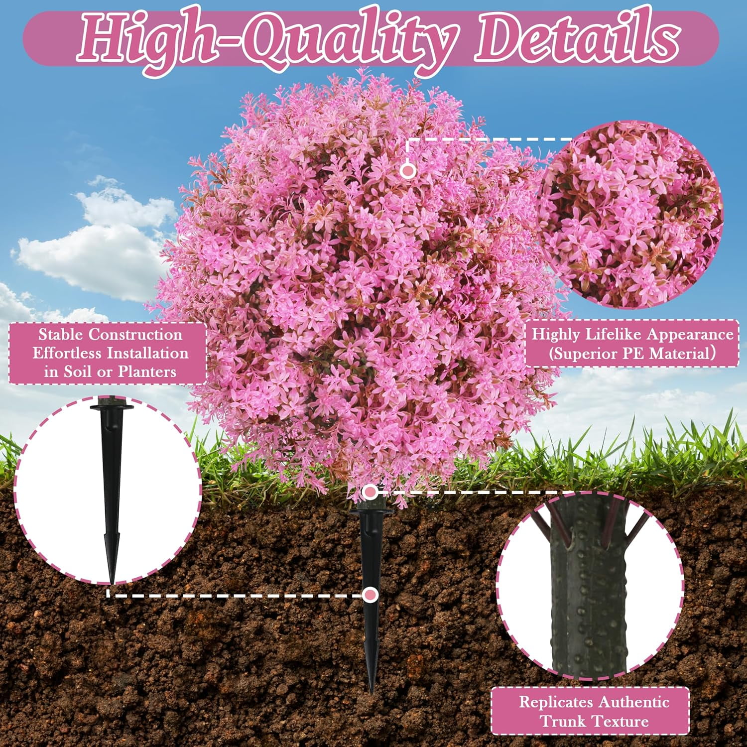 Bibana 25.5" Set of 2 Artificial Lilac Flowers Tree, Faux Lilac Shrub Bushes with Ground Spike, UV Resistant Fake Delphinium Antirrhinum for Indoor, Garden, Yard, Porch, Patio Decor (Pink)