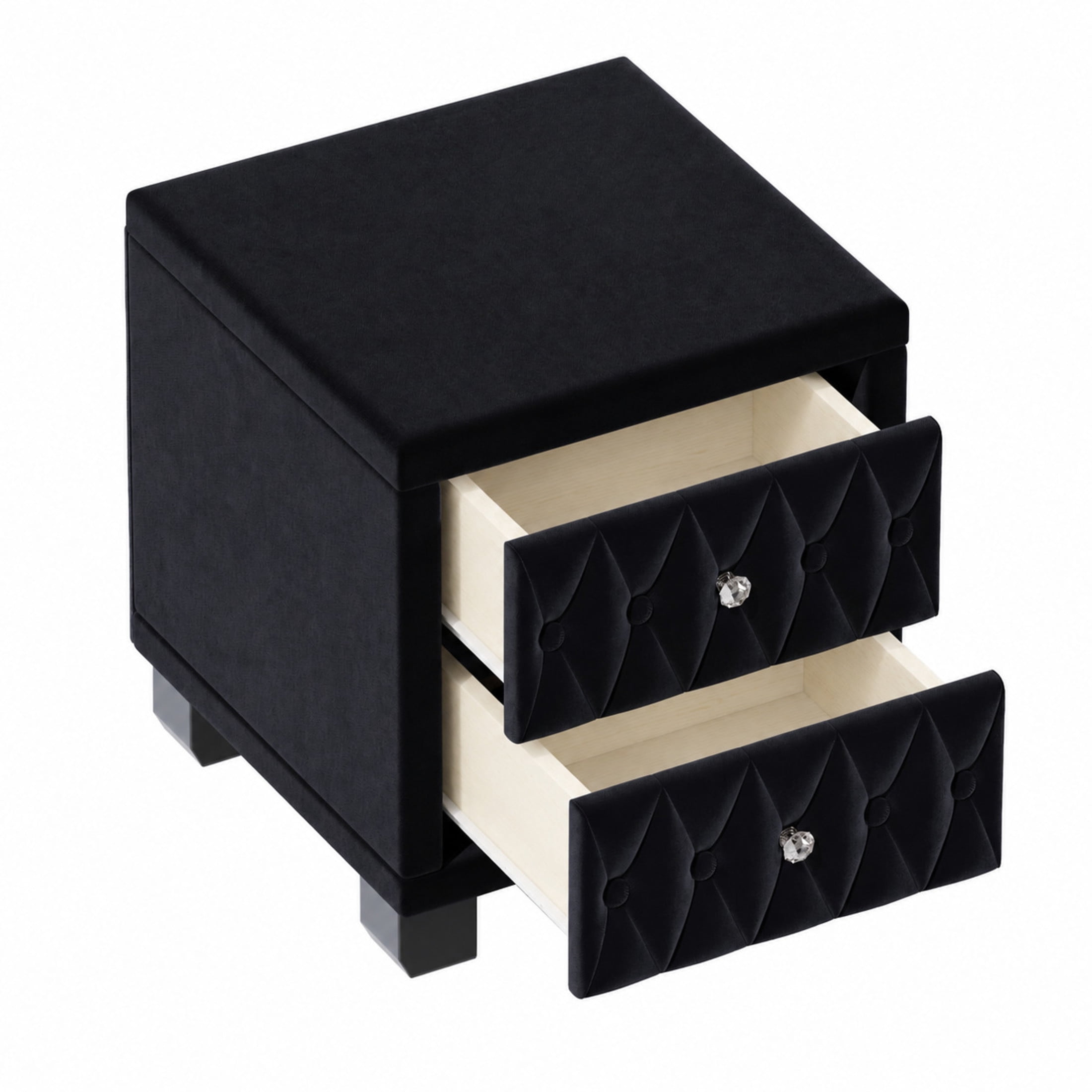 GDF Studio Alley Elegant Velvet 2-Drawer Nightstand with Crystal Handles, Button-Tufted Storage Bedside Table, Black
