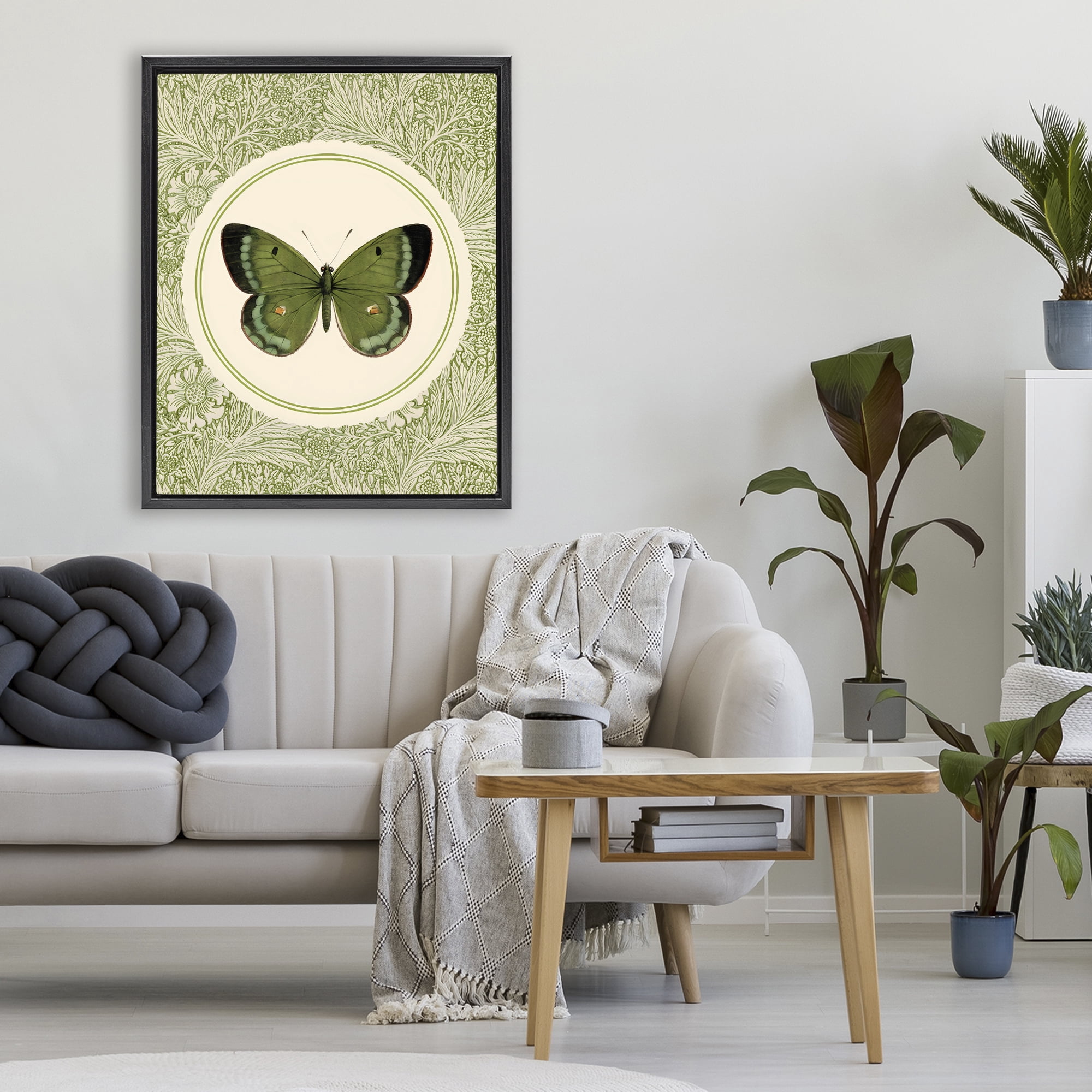 Stupell Industries Green Butterfly Botanical Medallion Black Framed Floater Canvas Wall Art, design by LSR Design Studio