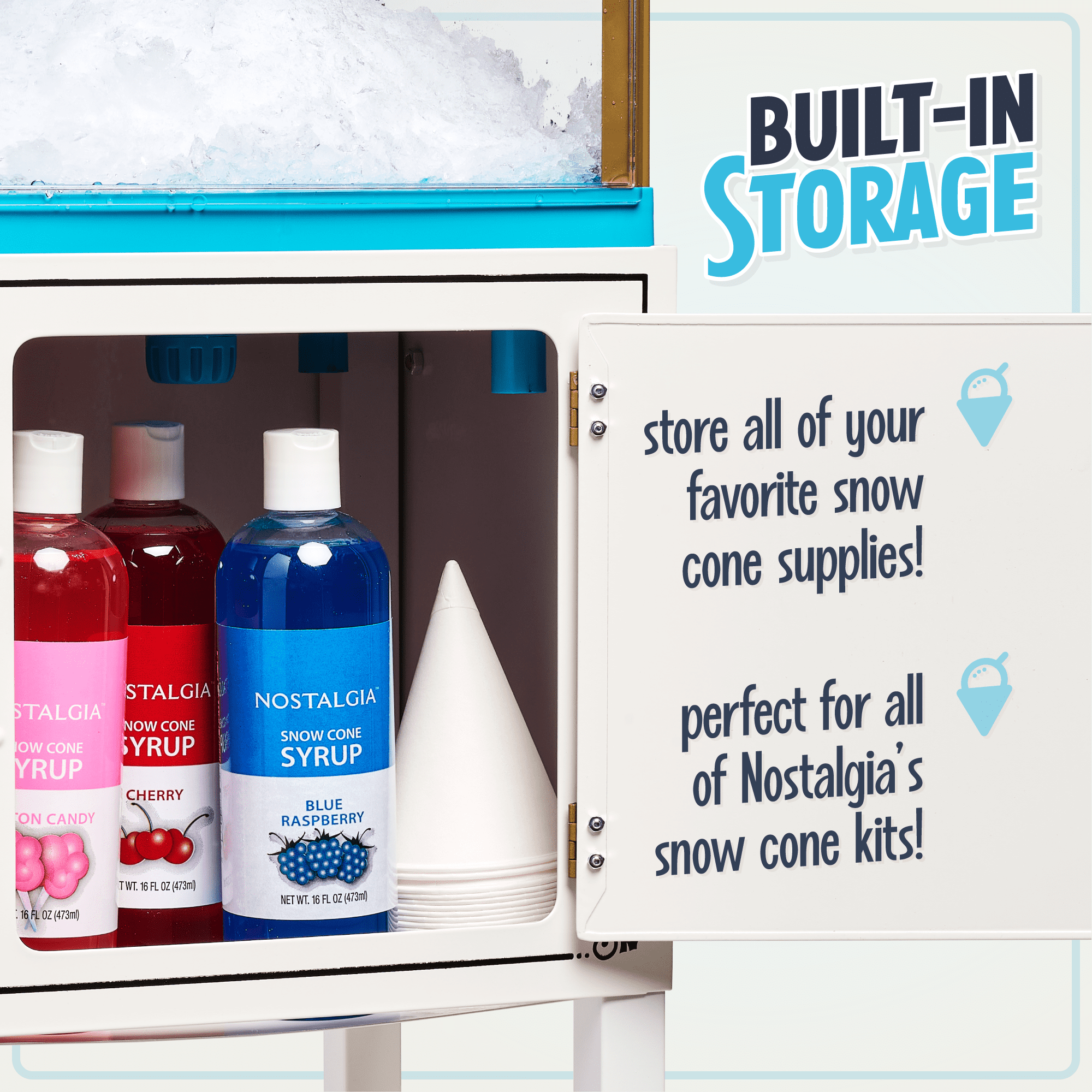 Nostalgia 48-Inch Retro Snow Cone Maker Cart and Shaved Ice Machine with Built-In Storage, White Blue