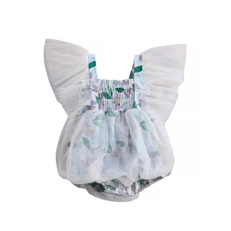 

Newborn Baby Girl Romper Dress Sleeveless Stap Tulle Tutu Dress Smocked Floral Print Mesh Bubble Bodysuit Jumpsuit