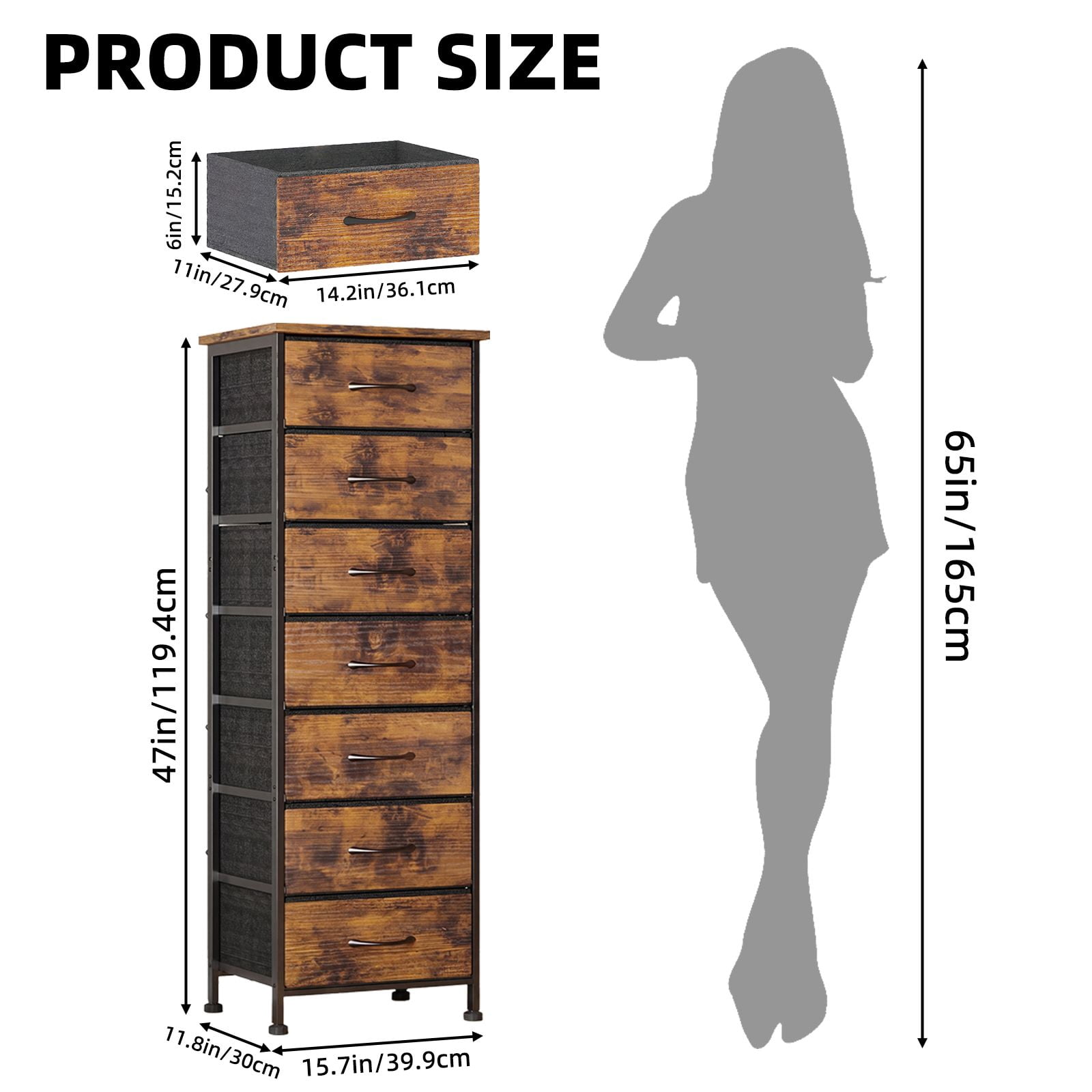 7-Drawer Dresser, Narrow Tall Storage Tower with Wood Top, Steel Frame, Fabric Drawers, Anti-Tip Strap, 47 in High
